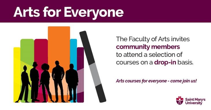 A graphic to help promote the new Arts For Everyone initiative in the Faculty of Arts. An illustration shows the silhouettes of five people, standing against some colourful books.